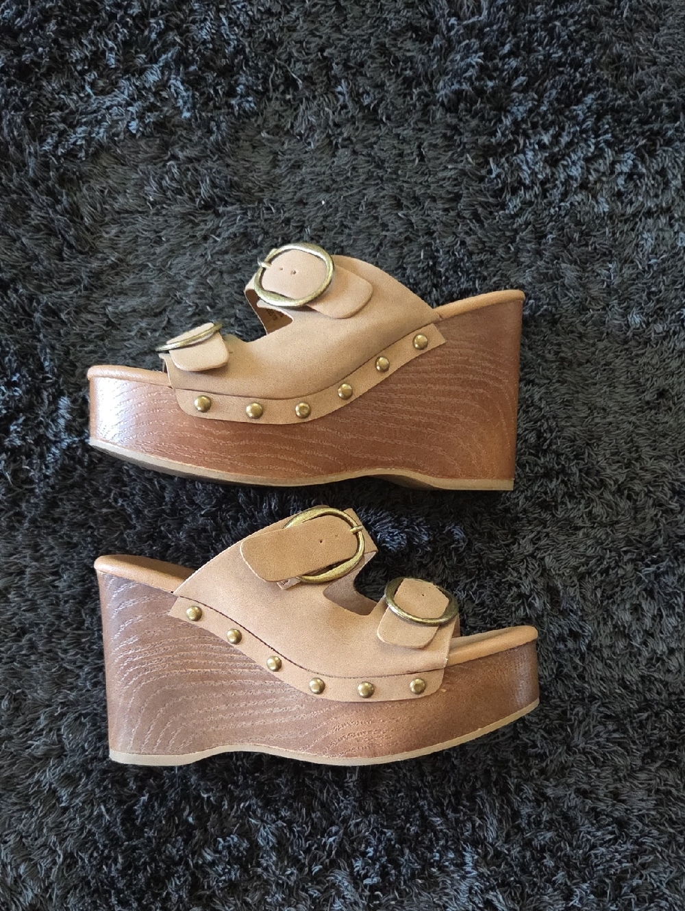 Seychelles Tan Double Buckle Stud Platform Wedge Sandals Size 8 Boho Western